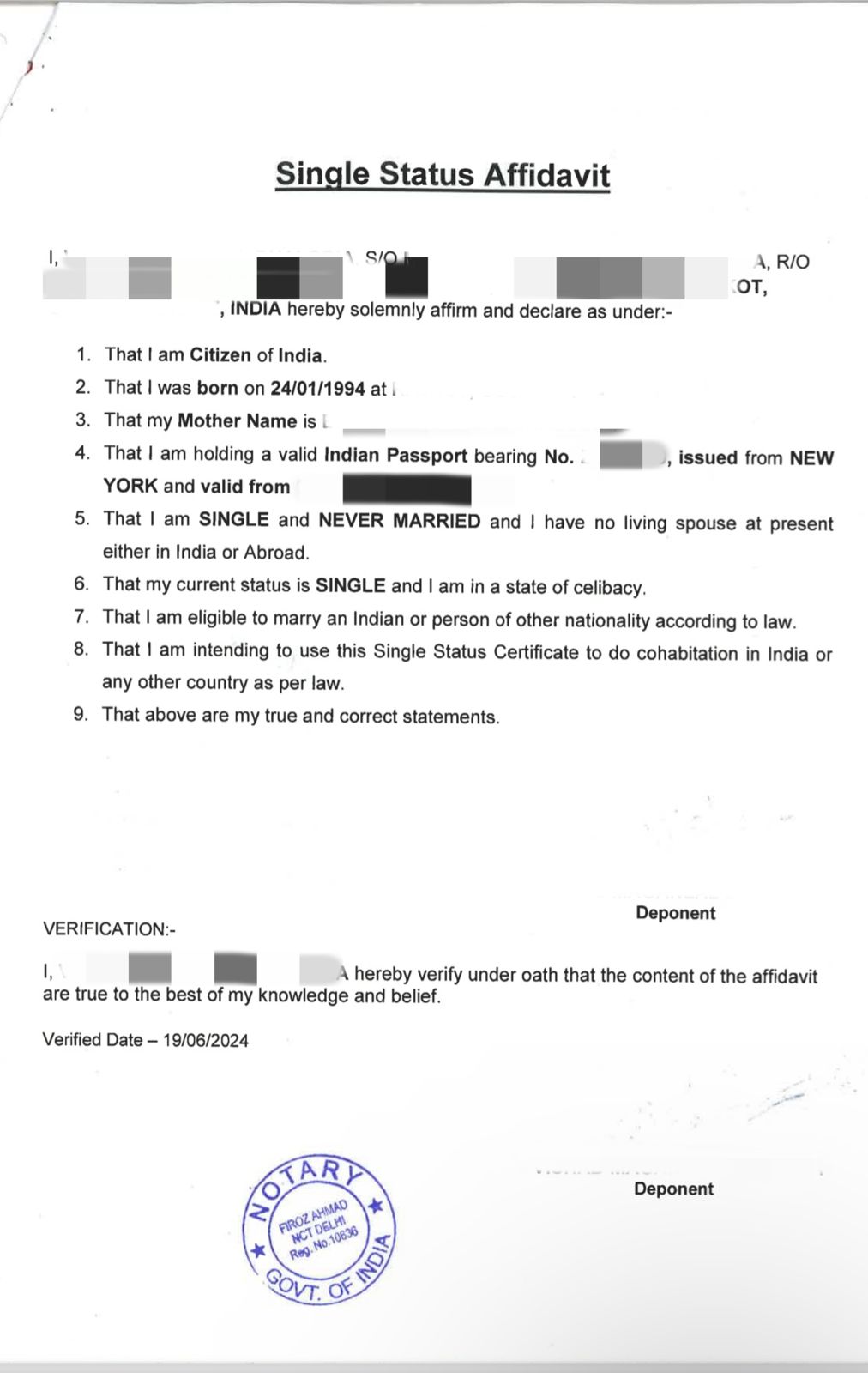 Single Status Certificate of Indian Citizen for Court Marriage in Nepal